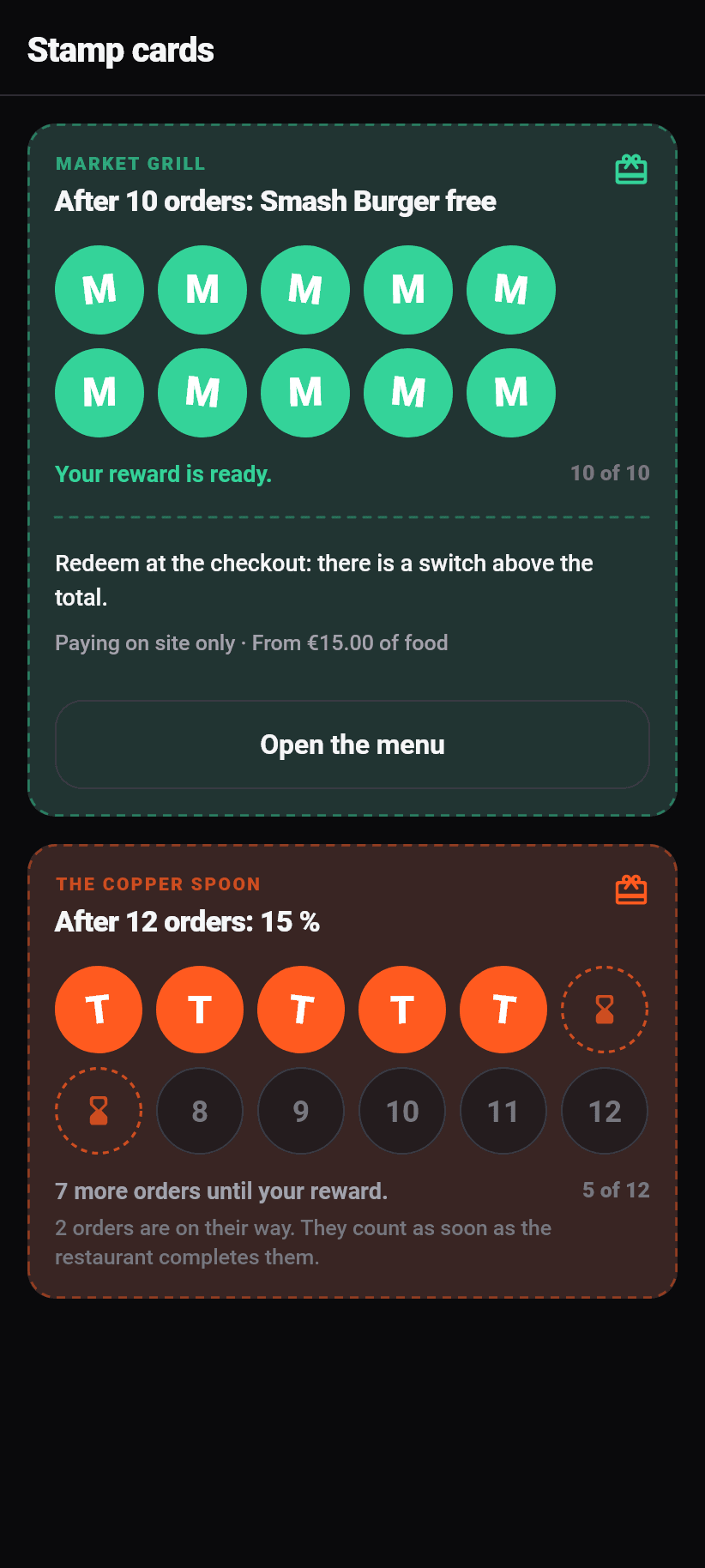 Stamp cards in the Flavoso app