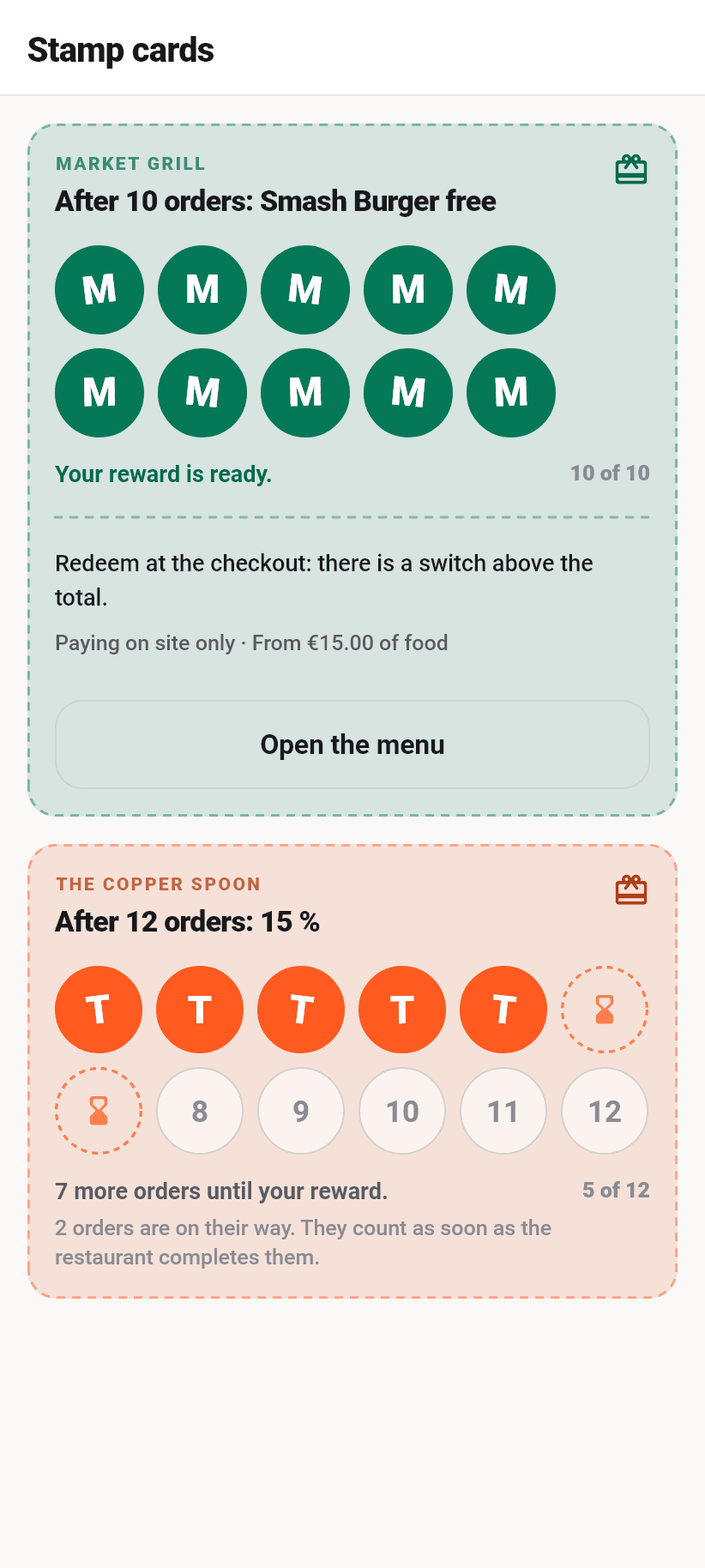 Stamp cards in the Flavoso app