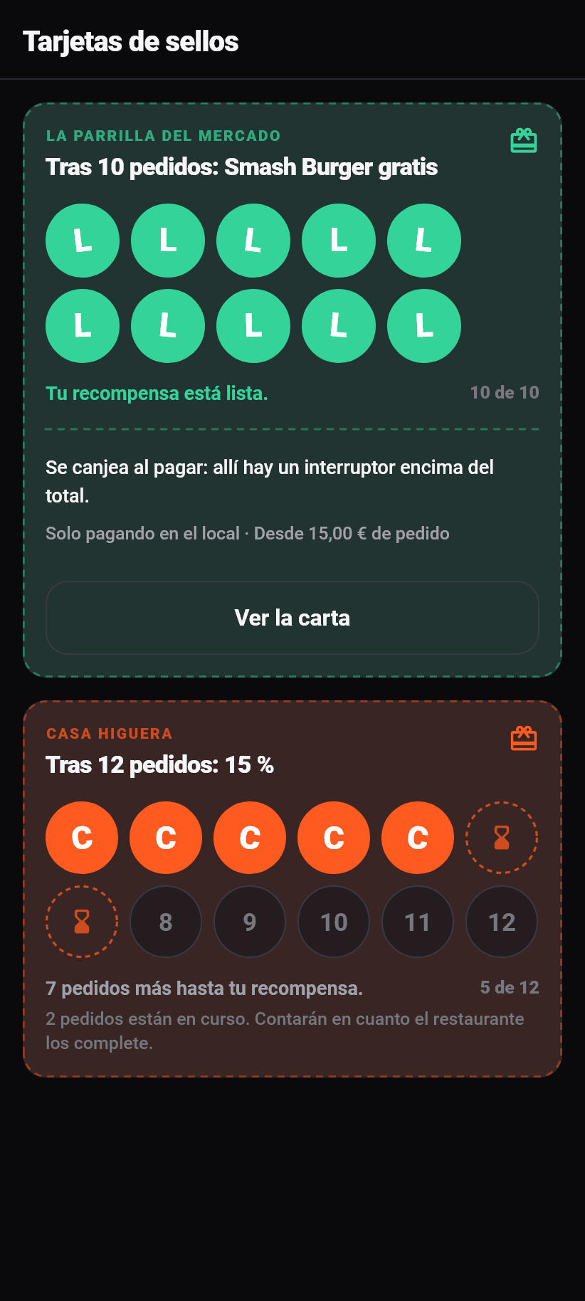 Tarjetas de sellos en la app de Flavoso