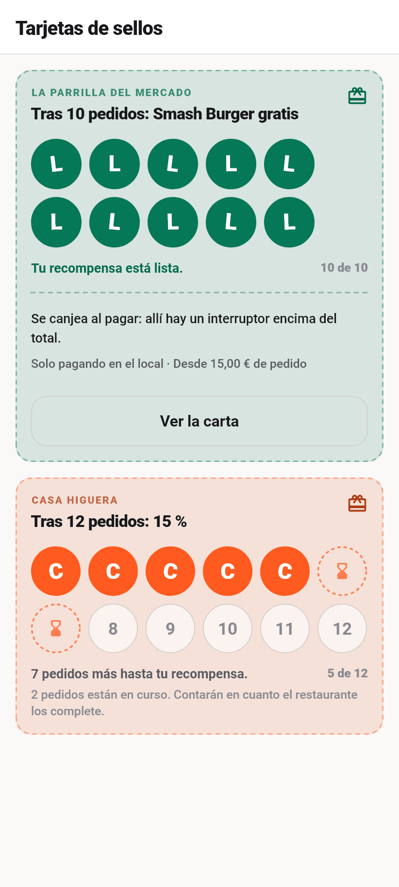 Tarjetas de sellos en la app de Flavoso