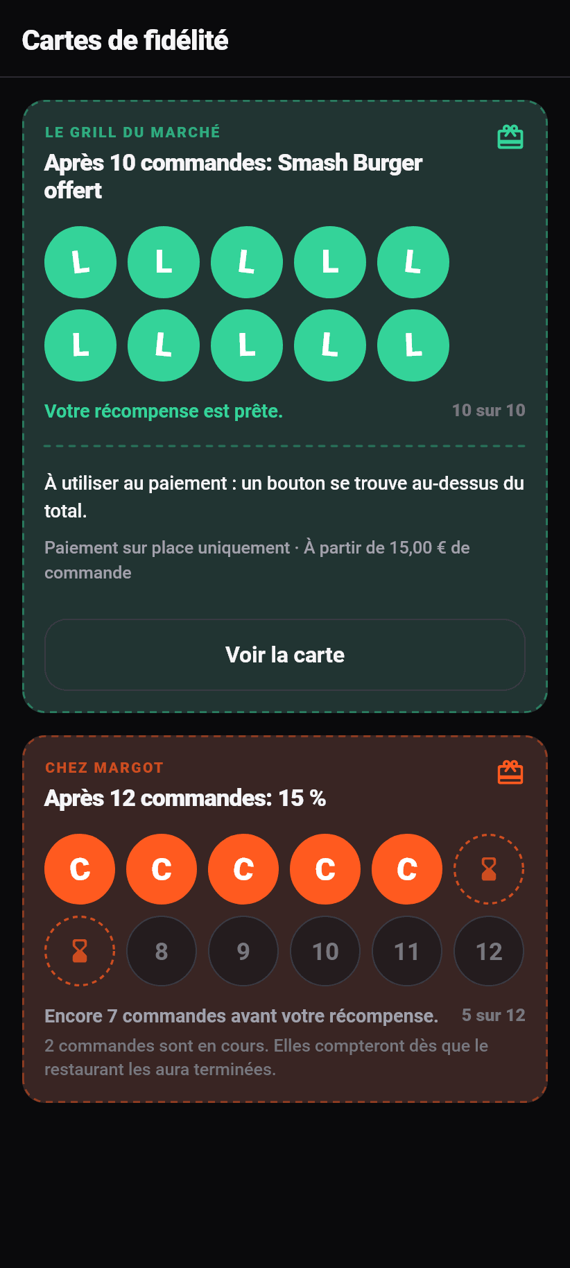 Cartes de fidélité dans l'application Flavoso