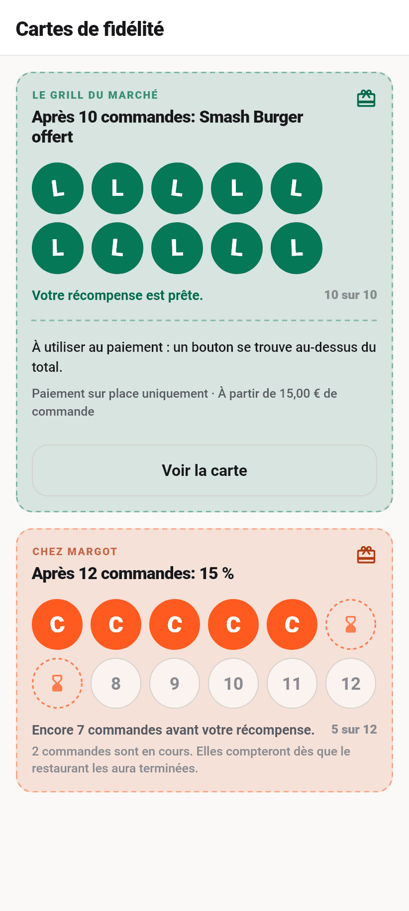 Cartes de fidélité dans l'application Flavoso
