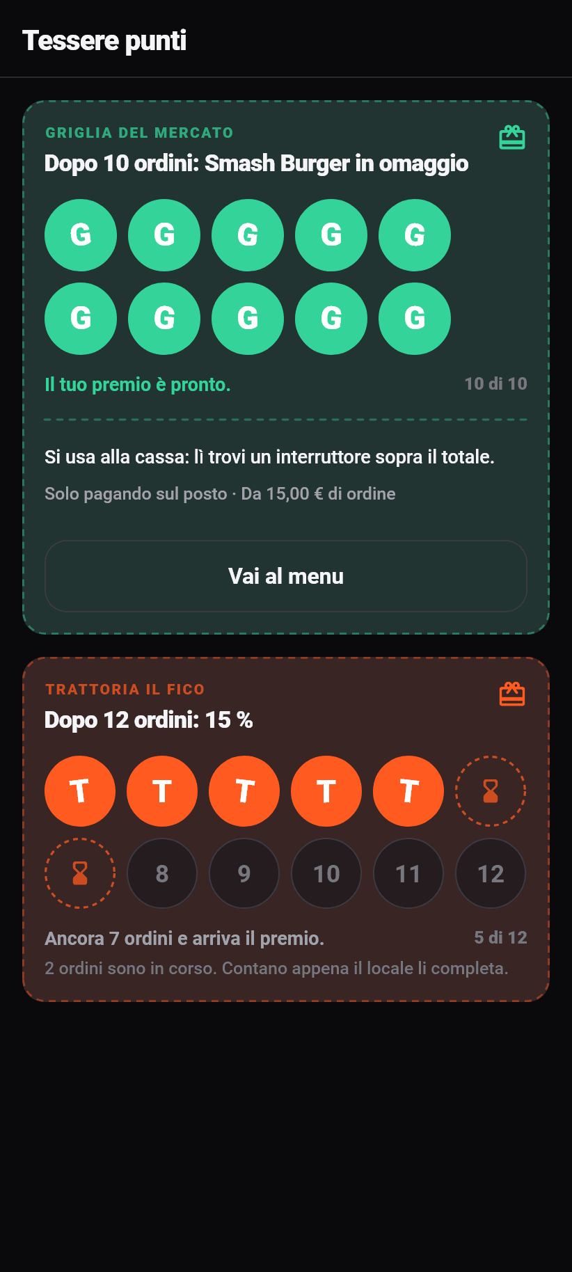 Tessere fedeltà nell'app Flavoso